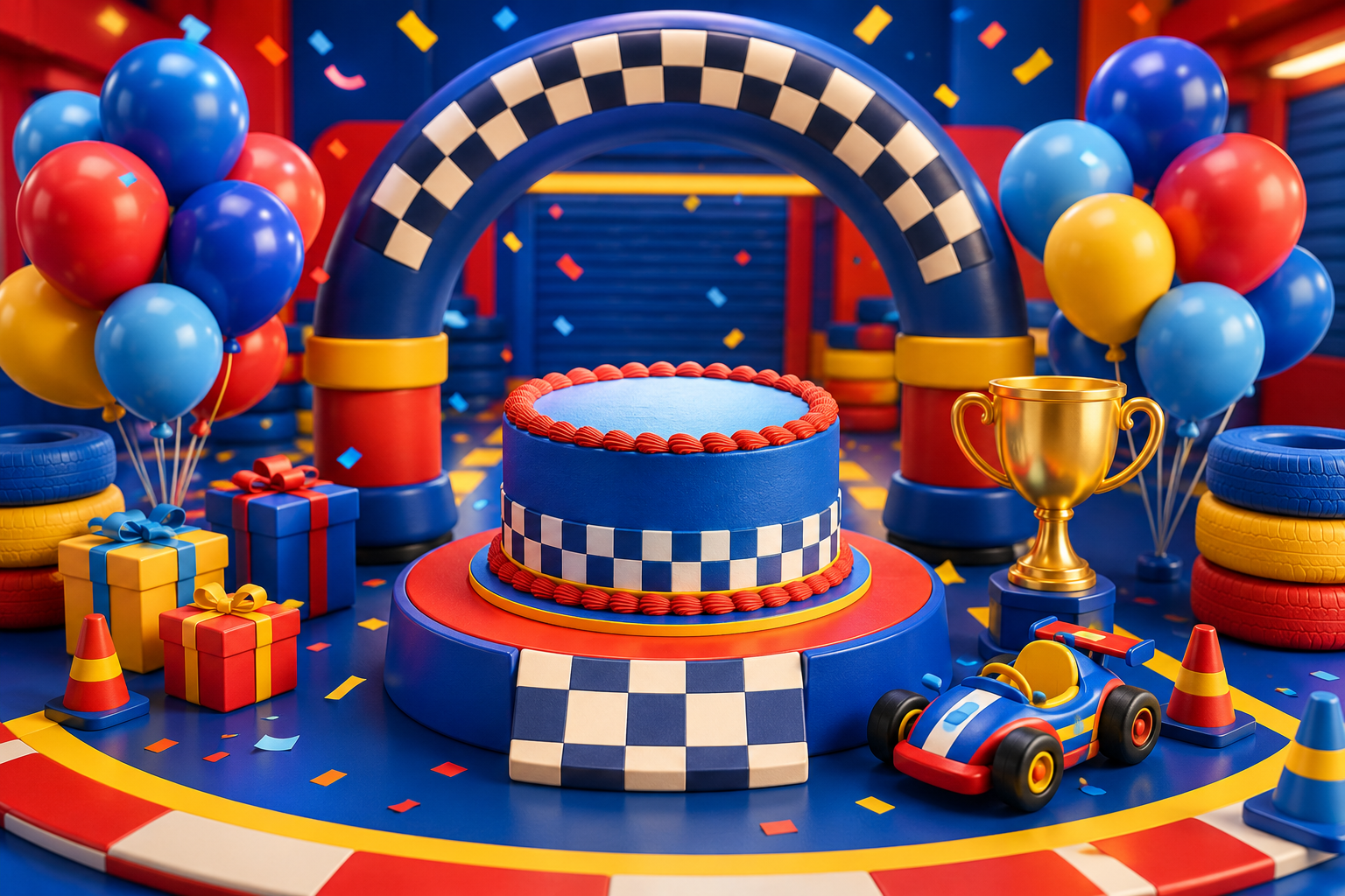 A playful 3D race-day party with a toy car, balloons, cake, gifts, and trophy